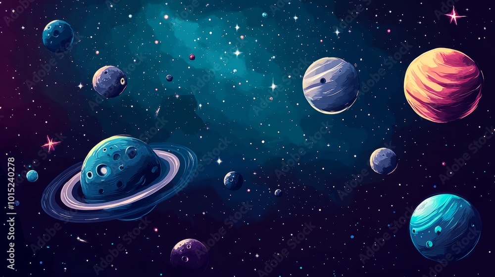 Colorful planets and stars in a vast, dark space. Colorful planets and stars in a vast, dark space.