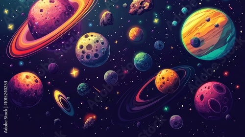 Colorful planets and stars in a starry night sky.