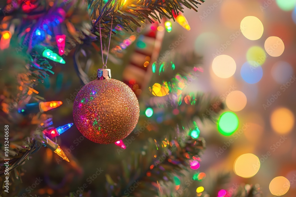Obraz premium Gold glitter Christmas ball on fir tree, garland lights and colorful New Year background. Greeting card with copy space