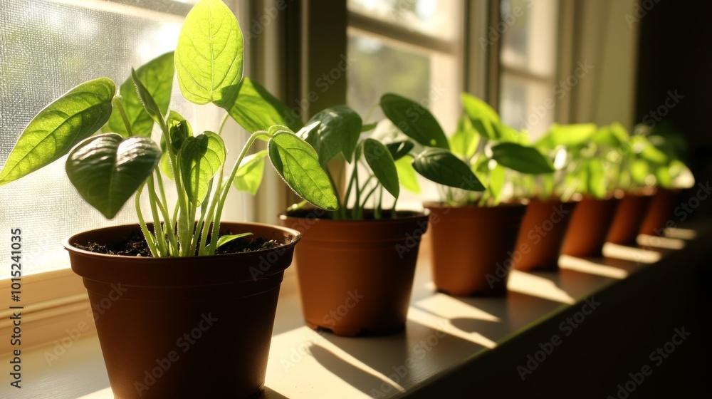 Five small green plants in brown pots sit on a windowsill, bathed in sunlight. Five small green plants in brown pots sit on a windowsill, bathed in sunlight.