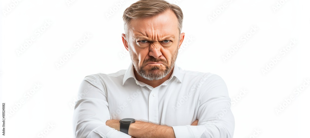 Displeased Middle-Aged Male Portrait Frustration and Anger on Isolated White Background Displeased Middle-Aged Male Portrait Frustration and Anger on Isolated White Background