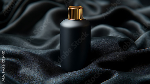 A black bottle with a gold cap sits on a bed of black satin, creating a luxurious and elegant aesthetic.