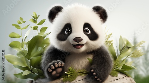 Cute baby panda cub sitting, 3D illustration on isolated background