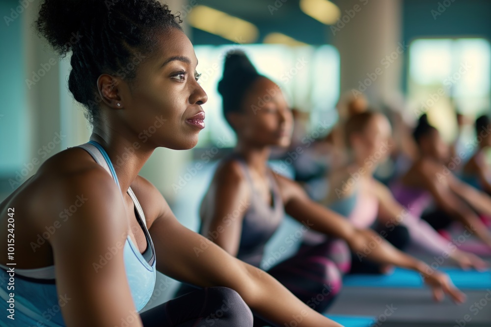 African American woman leads yoga class in health club. Instructor guides students through various poses. Students practice yoga in serene atmosphere. Soft light fills room. African American woman leads yoga class in health club. Instructor guides students through various poses. Students practice yoga in serene atmosphere. Soft light fills room.