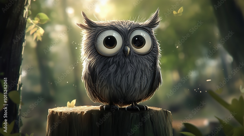 Fototapeta premium Cute owl illustration with big eyes in a magical forest setting