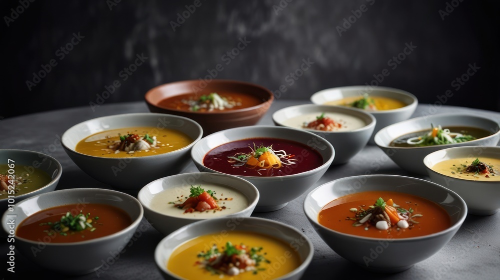 A variety of colorful soups in bowls on a gray table with a dark background. A variety of colorful soups in bowls on a gray table with a dark background.