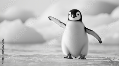 Cute baby penguin standing on ice in a snowy landscape