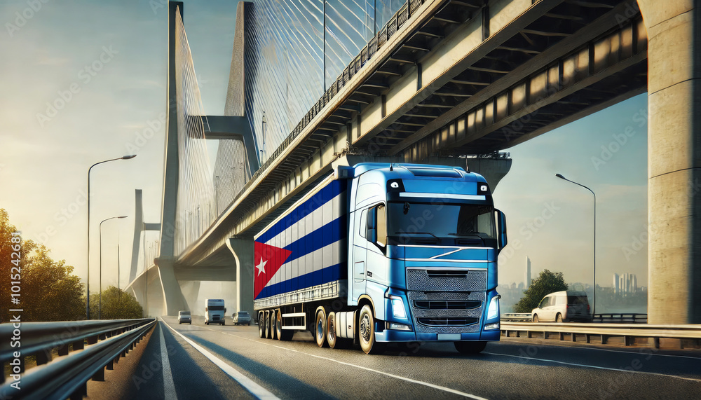 Blue semi-truck with an Cuba flag trailer driving under a large modern bridge. Perfect for showcasing freight transport, trucking, logistics, and cross-country shipping Blue semi-truck with an Cuba flag trailer driving under a large modern bridge. Perfect for showcasing freight transport, trucking, logistics, and cross-country shipping