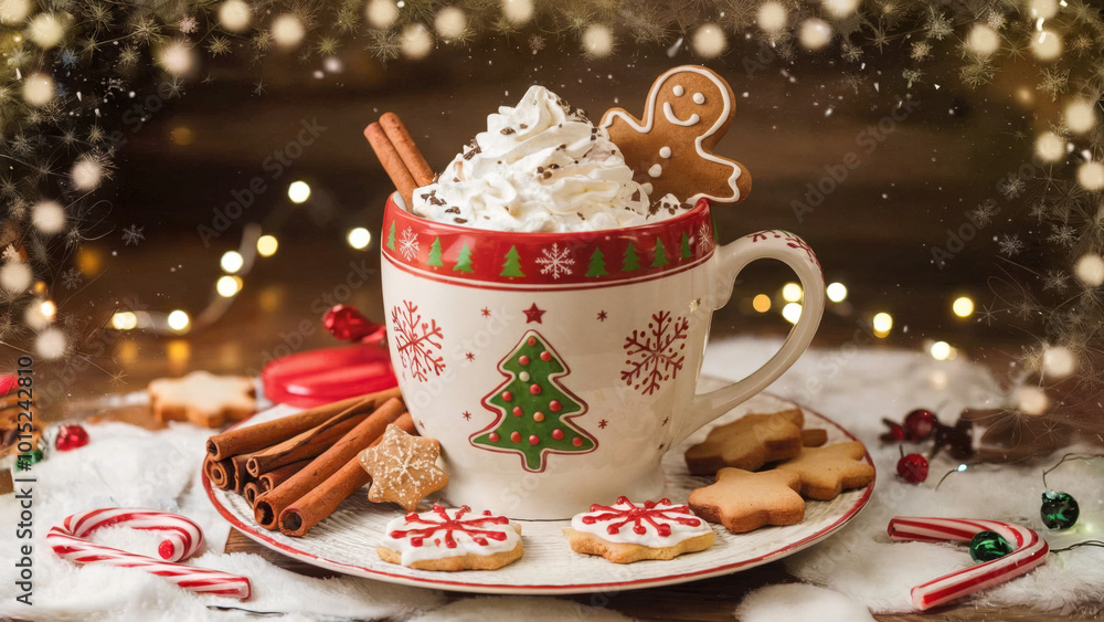 Fototapeta premium Festive coffee mug with whipped cream candy cane holiday decorations