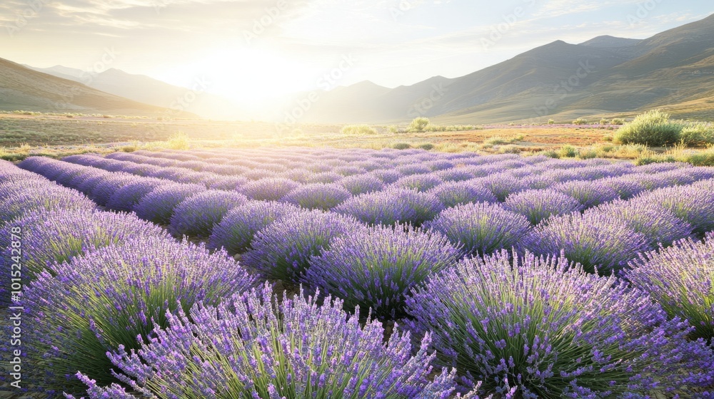 Obraz premium Purple lavender field at sunrise with mountains in the background.