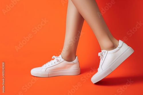 Young woman legs in stylish white sneakers on vibrant orange background. Black laces and soles add contrast to the clean design. Gradient orange backdrop provides a trendy setting.