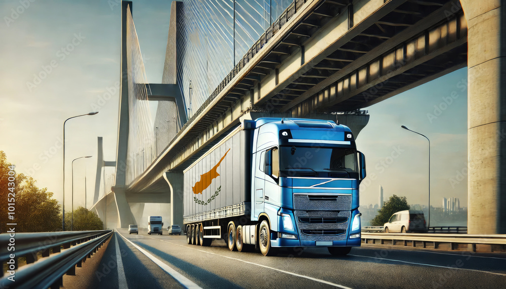 Blue semi-truck with an Cyprus flag trailer driving under a large modern bridge. Perfect for showcasing freight transport, trucking, logistics, and cross-country shipping Blue semi-truck with an Cyprus flag trailer driving under a large modern bridge. Perfect for showcasing freight transport, trucking, logistics, and cross-country shipping
