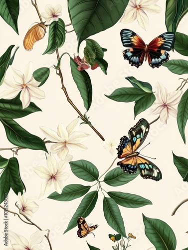 Seamless pattern with white flowers, green leaves and butterflies on a light background.