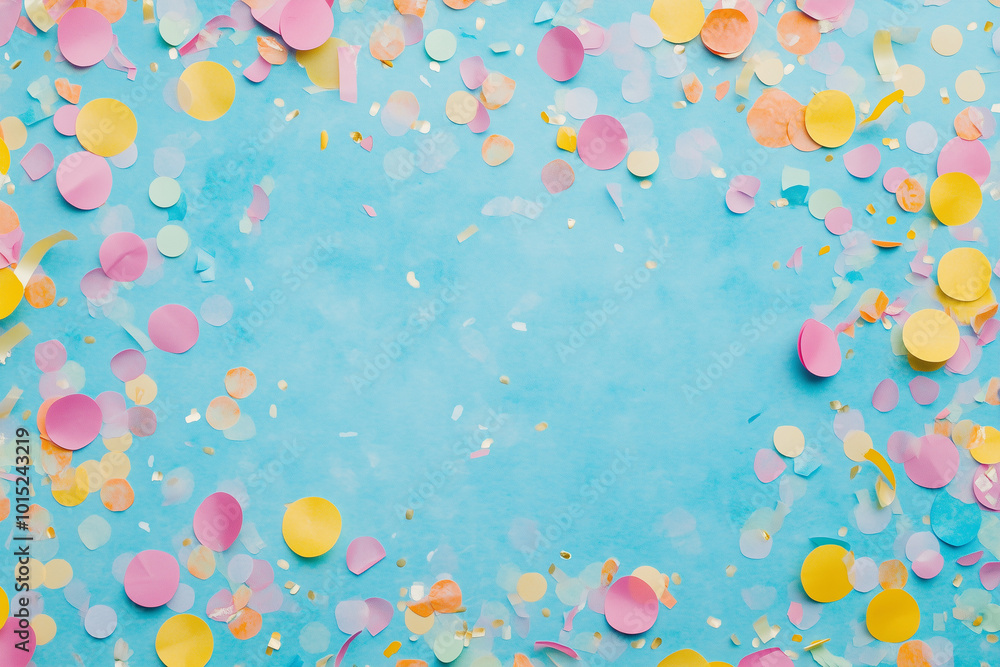 Colorful carnival background with confetti and ribbons on a light blue table, top view. Colorful party decoration for a celebration or festive greeting card template Colorful carnival background with confetti and ribbons on a light blue table, top view. Colorful party decoration for a celebration or festive greeting card template