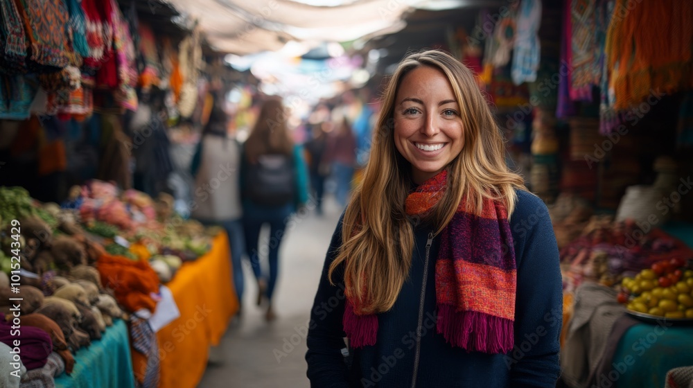 A joyful traveler in casual attire immerses herself in a bustling marketplace, surrounded by colorful textiles and fresh produce, experiencing local culture A joyful traveler in casual attire immerses herself in a bustling marketplace, surrounded by colorful textiles and fresh produce, experiencing local culture