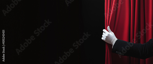 Gloved hand pulling red theater curtain on dark background
