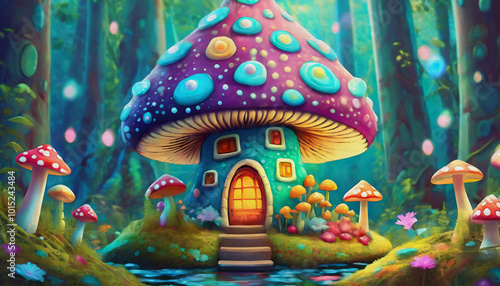 oim painting style cartoon character illustration multicolored Miniature fairy house in amanita muscaria mushroom photo