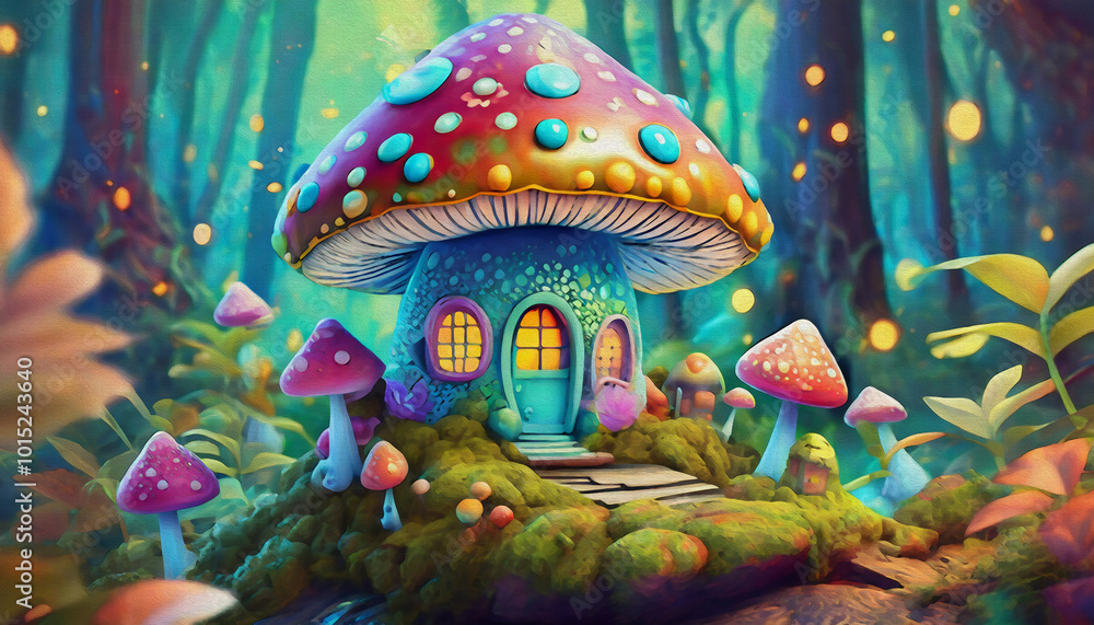oim painting style cartoon character illustration multicolored Miniature fairy house in amanita muscaria mushroom oim painting style cartoon character illustration multicolored Miniature fairy house in amanita muscaria mushroom