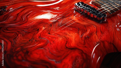 A detailed image of a red guitar, with intricate wood grain and glossy surface reflecting soft light.