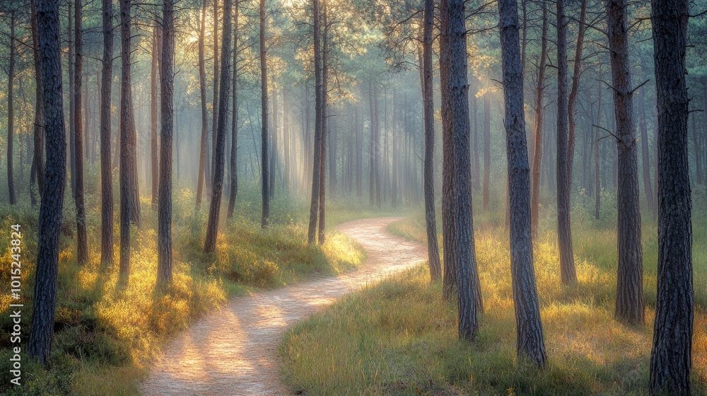 Sunbeams illuminate a winding path through a misty forest. Sunbeams illuminate a winding path through a misty forest.