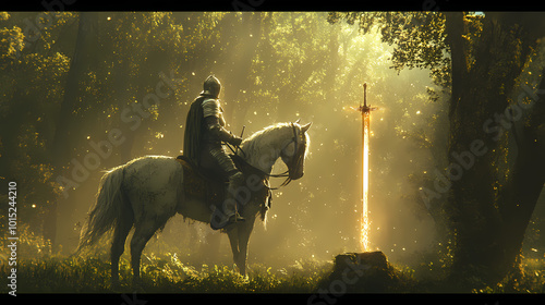 A knight in shining armor, atop a noble steed, wields a glowing enchanted sword, poised at the ancient forest's edge, ready for adventure. Heros Journey. Illustration