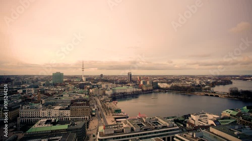 Nostalgic static aerial panorama view of downtown Hamburg with Alster lake and television tower, 2023, photo