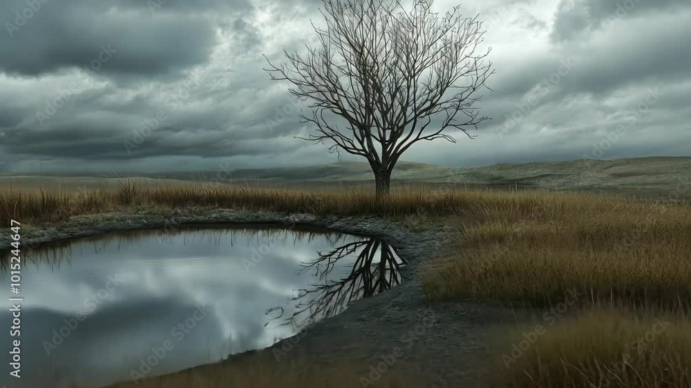 A solitary tree stands tall against a backdrop of stormy clouds, its reflection mirrored in a small pond in the field