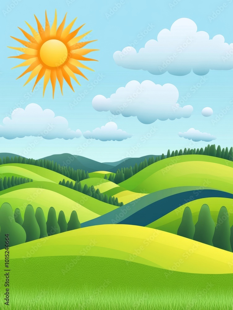 Fototapeta premium Sunny day with rolling green hills and a blue river, cartoon style.