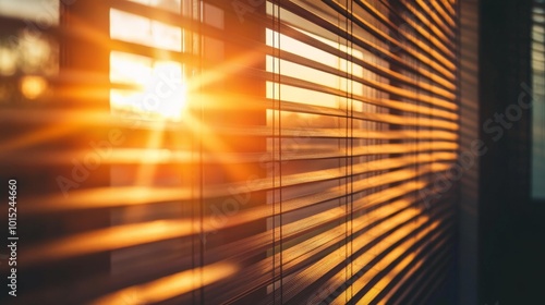 Sunset light shining through wooden blinds.