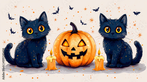 Featuring adorable cats, сarved halloween pumpkin and candles in lavender and baby yellow colors.