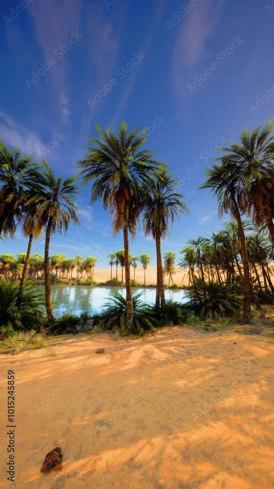 A beach lined with lush palm trees overlooking a serene body of water under a clear blue sky. A beach lined with lush palm trees overlooking a serene body of water under a clear blue sky.