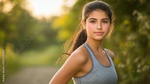 A young woman with a ponytail stands in a park, looking directly at the camera with a gentle smile.