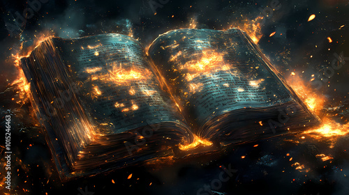 An ancient spellbook lies open, illuminated by spectral flames, its pages filled with cryptic symbols and forgotten rituals. Spellbook. Illustration photo