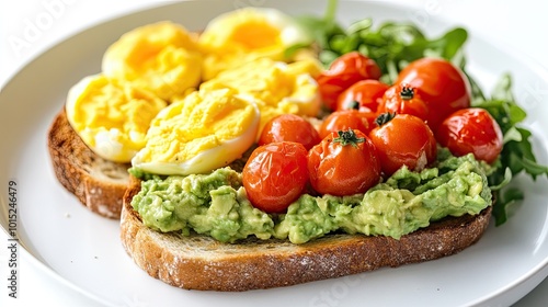 A plate with avocado toast, topped with scrambled eggs and cherry tomatoes, sitting on a bright white background, emphasizing a nutritious breakfast.