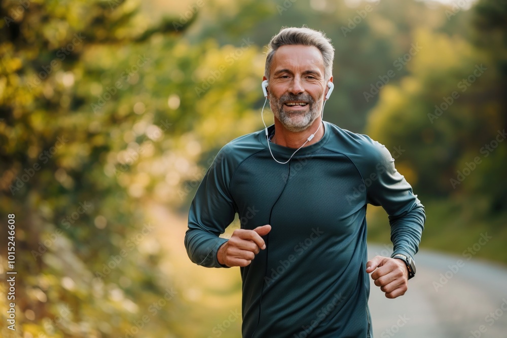 Obraz premium Mature athletic man runs on winding road in nature. He wears blue shirt and white earphones, smiling face. Rich green plants surrounds the road with trees and grassy area in distance.