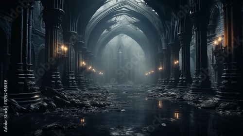 dark gothic abandoned ancient chapel hall interior with tall windows and columns, foggy and empty, neural network generated art. Digitally generated image. Not based on any actual scene or pattern.