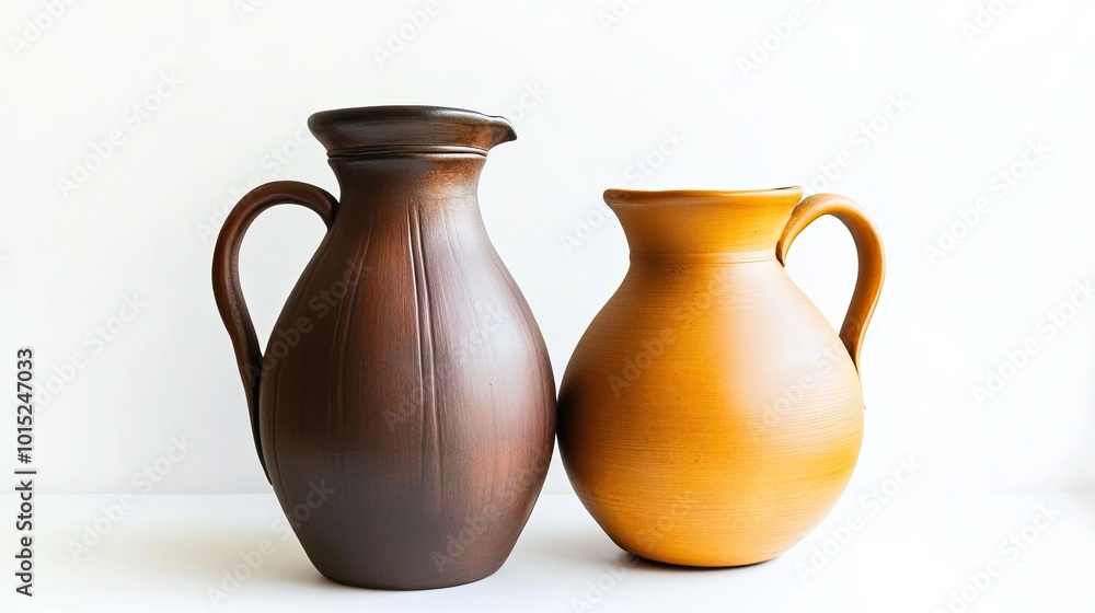Two ceramic jugs, one brown and one yellow, stand side-by-side on a white background. Two ceramic jugs, one brown and one yellow, stand side-by-side on a white background.