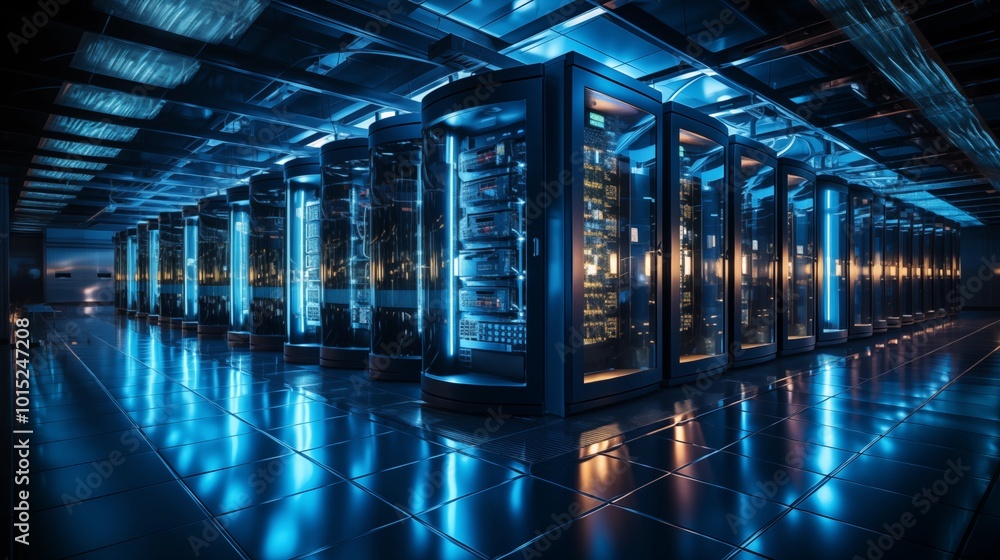 Depict a state of the art data center with rows of server racks, cooling systems, and redundant power supplies Depict a state of the art data center with rows of server racks, cooling systems, and redundant power supplies