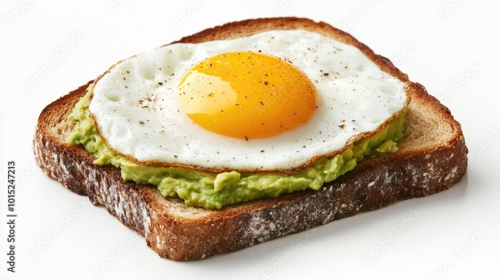 A slice of whole-grain toast with mashed avocado and a perfectly cooked fried egg, isolated on a white surface for a healthy morning meal concept. A slice of whole-grain toast with mashed avocado and a perfectly cooked fried egg, isolated on a white surface for a healthy morning meal concept.