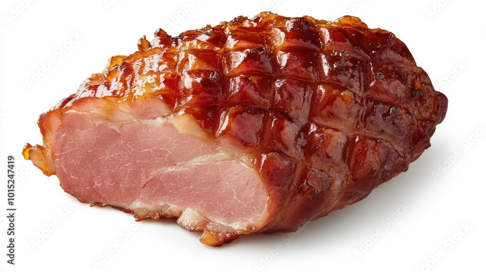 A thick slice of glazed ham with a caramelized crust, isolated on a bright white background, showcasing its richness and juicy tenderness. A thick slice of glazed ham with a caramelized crust, isolated on a bright white background, showcasing its richness and juicy tenderness.