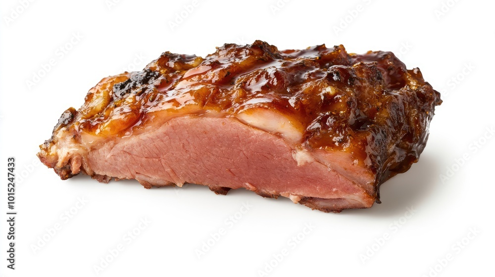 A thick slice of glazed ham with a caramelized crust, isolated on a bright white background, showcasing its richness and juicy tenderness. A thick slice of glazed ham with a caramelized crust, isolated on a bright white background, showcasing its richness and juicy tenderness.