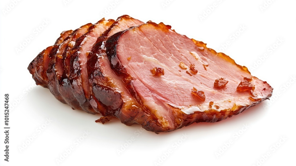 A thick slice of glazed ham with a caramelized crust, isolated on a bright white background, showcasing its richness and juicy tenderness. A thick slice of glazed ham with a caramelized crust, isolated on a bright white background, showcasing its richness and juicy tenderness.