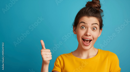  Excited young woman in yellow shirt giving a thumbs up on blue background. Copy space. Generative AI 