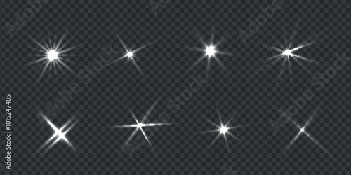 Flare effect set with light ray. Beam searchlight or lamp, sparkle, star. Glow transparent burst for web, xmas, new year decorations. Collection of glowing stars. Isolated Vector illustration.