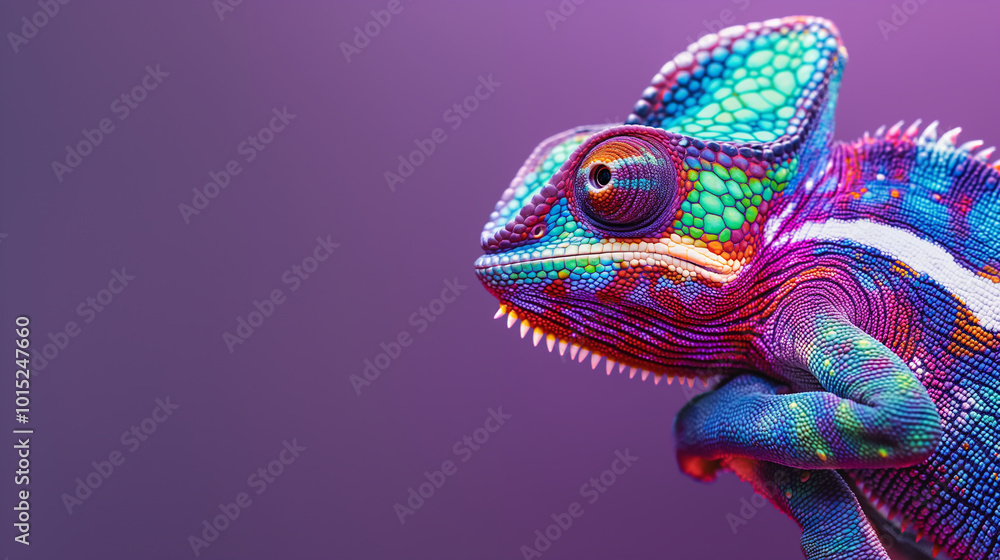 Obraz premium Vibrant colorful chameleon close-up against a purple background. Copy space. Generative AI 