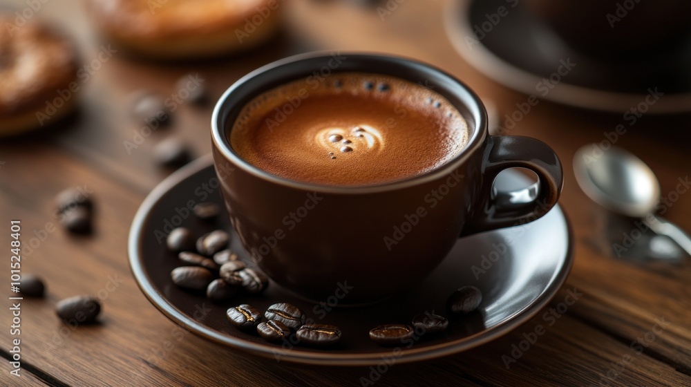 A steaming cup of coffee with beans A steaming cup of coffee with beans