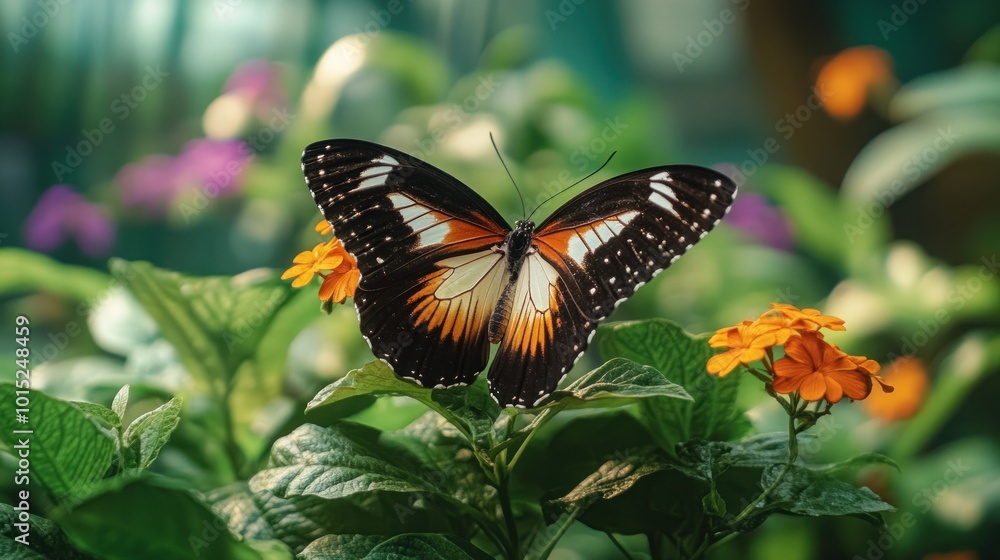 A beautiful butterfly with black, white, and orange wings perched on a green leaf with orange and purple flowers in the background. A beautiful butterfly with black, white, and orange wings perched on a green leaf with orange and purple flowers in the background.