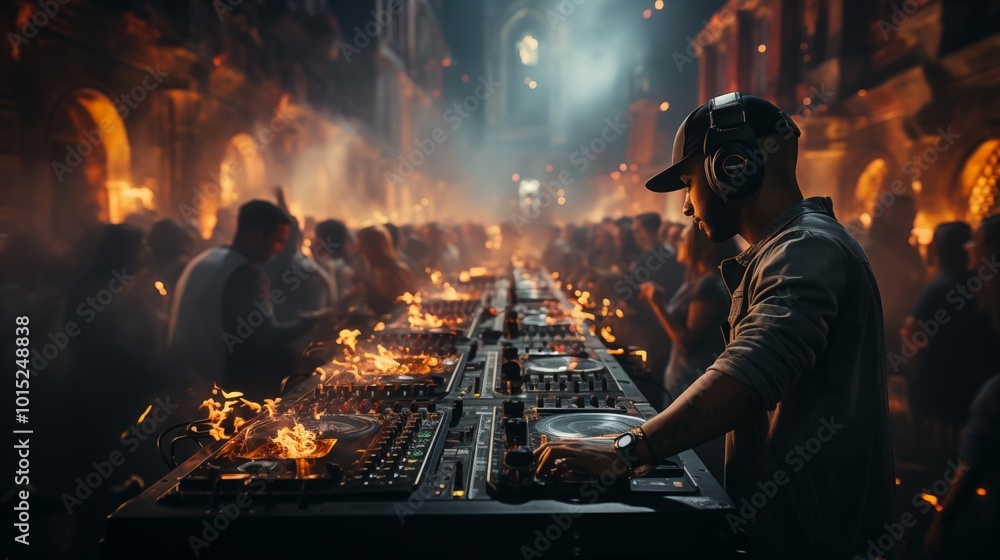 DJ playing and mixing music in nightclub party at night . EDM dance music club with crowd of young people celebrating the energetic youth lifestyle DJ playing and mixing music in nightclub party at night . EDM dance music club with crowd of young people celebrating the energetic youth lifestyle