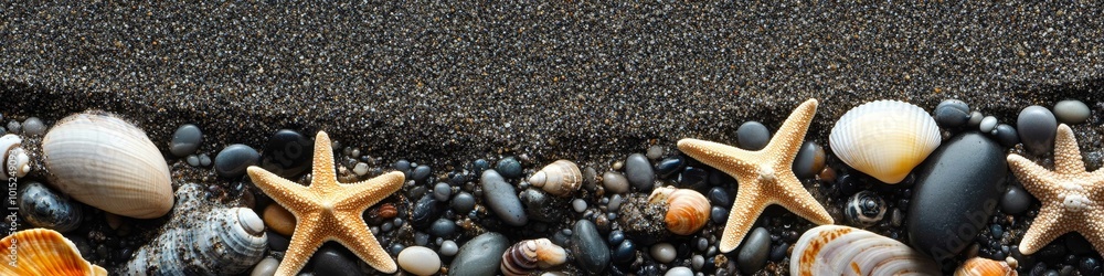 A top view of beach sand scattered with smooth sea stones and various shells. A top view of beach sand scattered with smooth sea stones and various shells.
