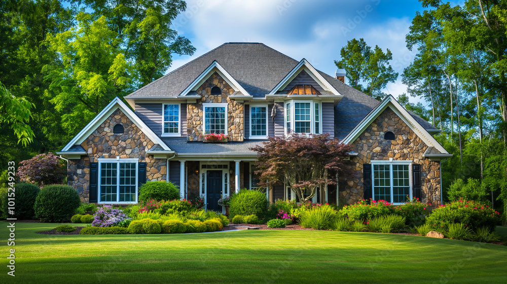 Picturesque stone and siding home with lush landscaping and large windows. Generative AI Picturesque stone and siding home with lush landscaping and large windows. Generative AI